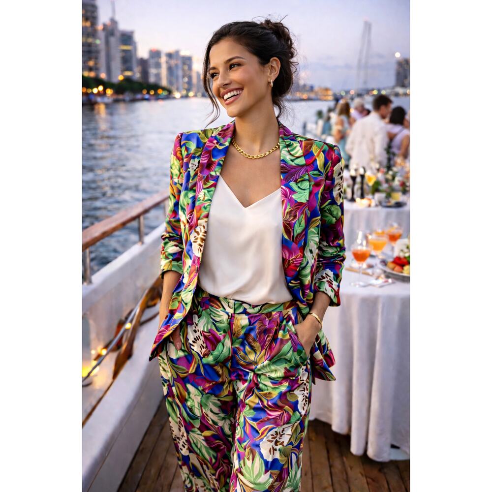 Zara Satin Tropical Print Blazer & Trousers Co-ord Suit Set Sz XS